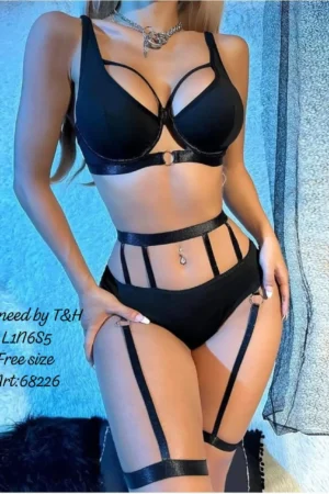 3 Piece Bikini Garter Lingerie Set – Bra, Thong Panty & Garter Belt