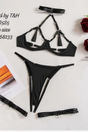3 Piece Bikini Lingerie Set with Thong Panty, Bra & Garter Belt