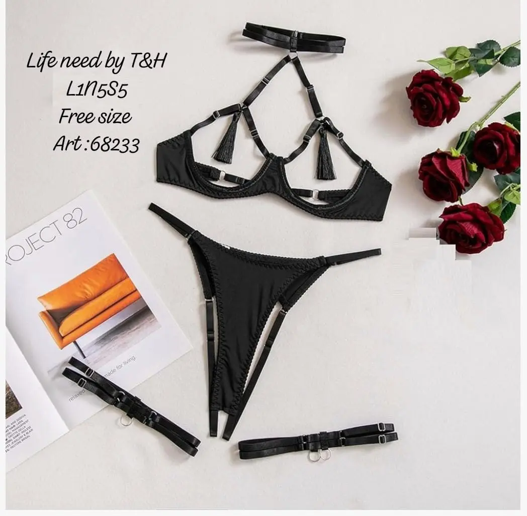 3 Piece Bikini Lingerie Set with Thong Panty, Bra & Garter Belt